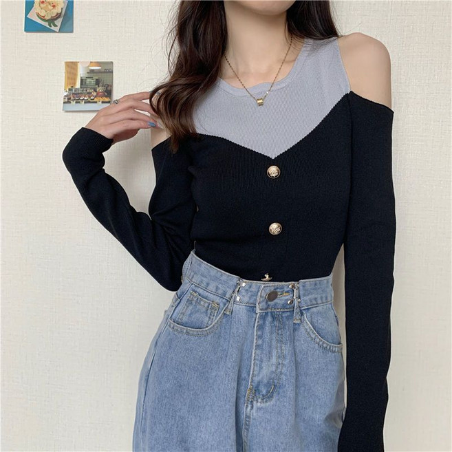 미중 여성 봄가을 뉴 오프숄더 니트 섹시 슬림핏 날씬 배색 투인원 긴팔 cxcy