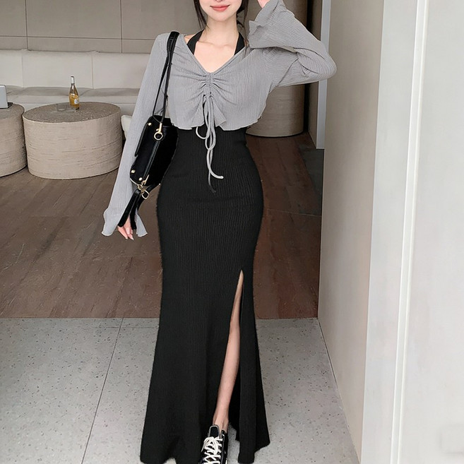 슬림소녀 여성 봄 여름 투피스 세트 홀터넥 슬림 원피스 긴팔 아우터 톱 세트