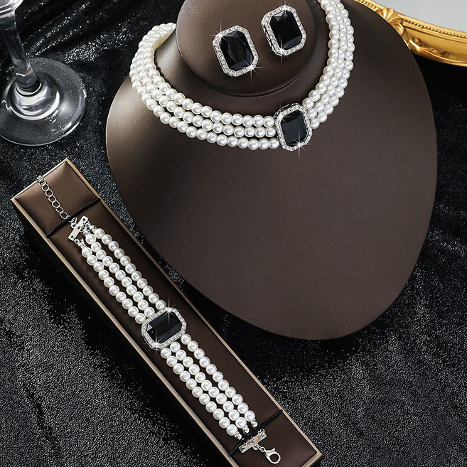 FANSYLI 파티 레이어드 진주 쥬얼리 세트 여성 크리스탈 목걸이 귀걸이 3p 세트 세련된 고급감 신부 웨딩 드레스 주얼리 세트 W2411N26