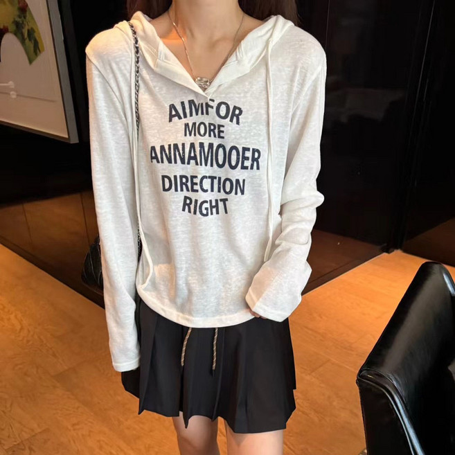 후드티셔츠 여성용 가벼운 소재 심플 프린트 긴팔 티셔츠