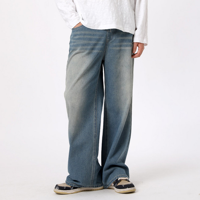 남자 와이드 밴딩 청바지 워싱 사계절 데님팬츠