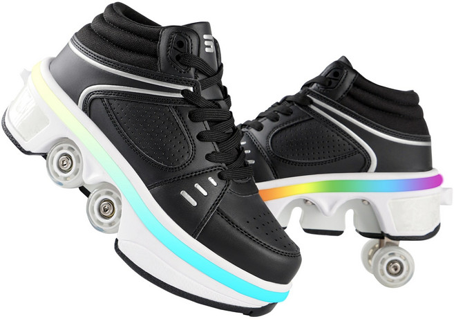 liekick 쿼드 스케이트 스케이트 개폐식 롤러 슈즈 휠 스니커즈롤러 스케이트롤러슈즈, 블랙 하이힐 LED, 1개