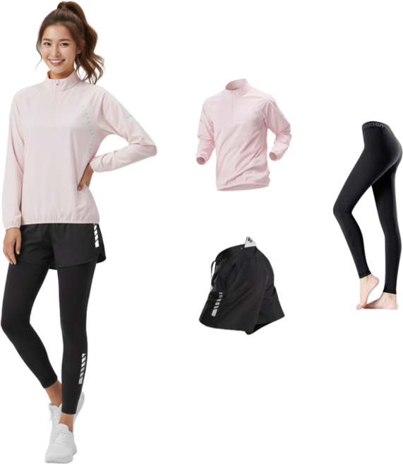 BYMSPORT 여성 런닝복 스포츠웨어 상하 운동복 세트 (긴팔+포켓반바지+긴레깅스)