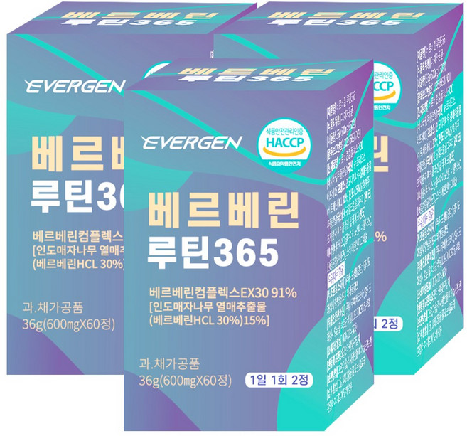 에버젠 베르베린 루틴365 식약청 HACCP 인증, 3개, 60정
