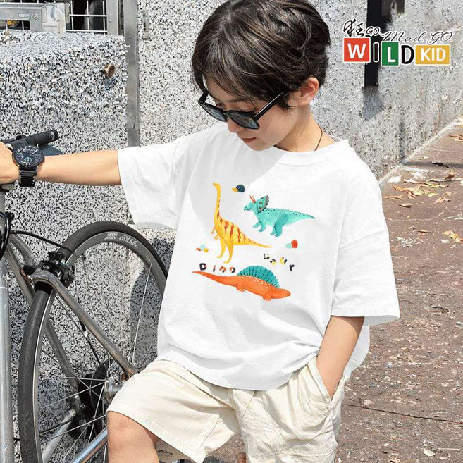 童裝 夏季 兒童短袖 兒童上衣 男童短袖 女童休閒衣 純棉【狂小孩 WILD KID】恐龍圖案可愛印花款