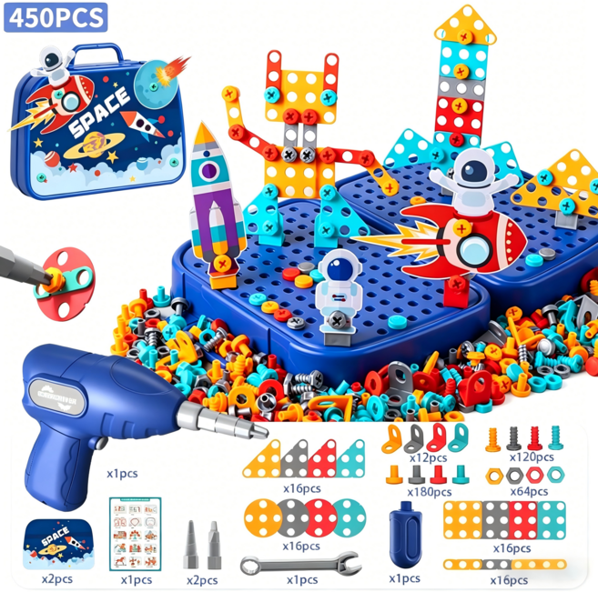 어린이 공구세트 드릴 장난감 세트 아동용 전동드릴 나사 조립 놀이 상자 남아 교육용 DIY 창의력 교구, 1개, 파란색