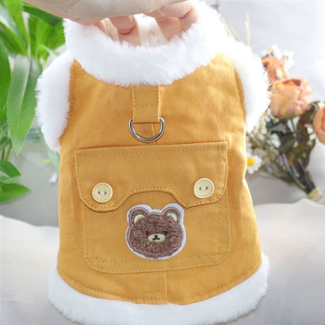 강아지 청바지 멜빵바지 데님 오버롤 애견의류 귀여운 반려견 옷.귀여운 청멜빵 디자인 / 사계절 산책룩 / 포토존 인기템, 노란색에 벨벳을 더해 두껍게 만든 것견인 가능