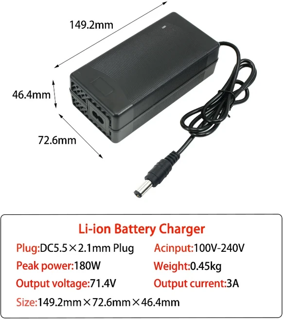 71.4V 3A 배터리 충전기 17S 60V 62.9V 리튬 이온 RV 지게차 에너지 저장 IEC/XT60/XT90 플러그, 01 UK Plug, 01 CHINA, 06 71.4V 3A DC5521