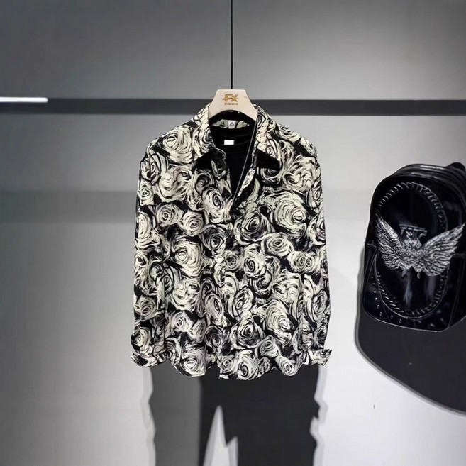 유니픽 남성 긴팔 꽃무늬 프린트 셔츠 캐주얼 트렌디 카라 디자인cc