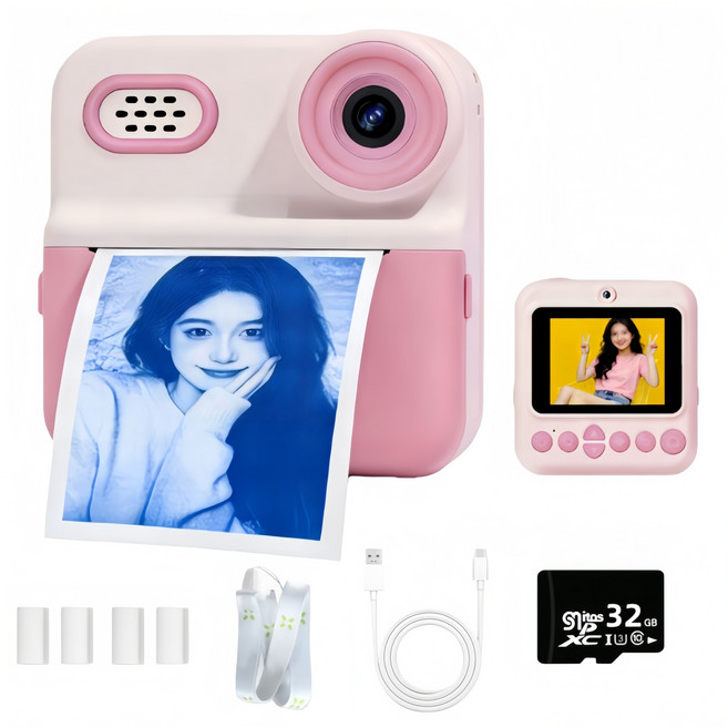 고화질 3in1 즉석 카메라 프린트 카메라 컬러 즉석 카메라 디지털 카메라 세트 포켓프린트카메라 (사진+동영상+프린트) +32GB SD카드+컬러 인화지4롤, 1개, 핑크