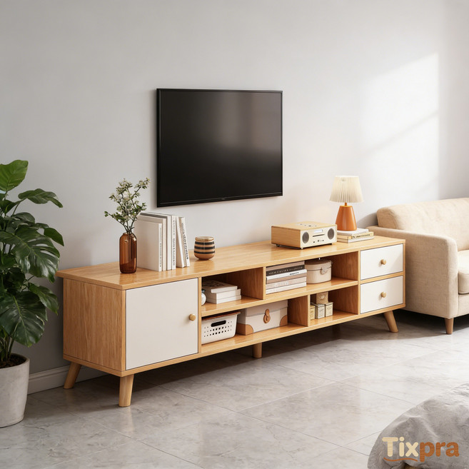 Tixpra 거실장 심플 도어형+오픈 거아늑한 실수납장, 크림색