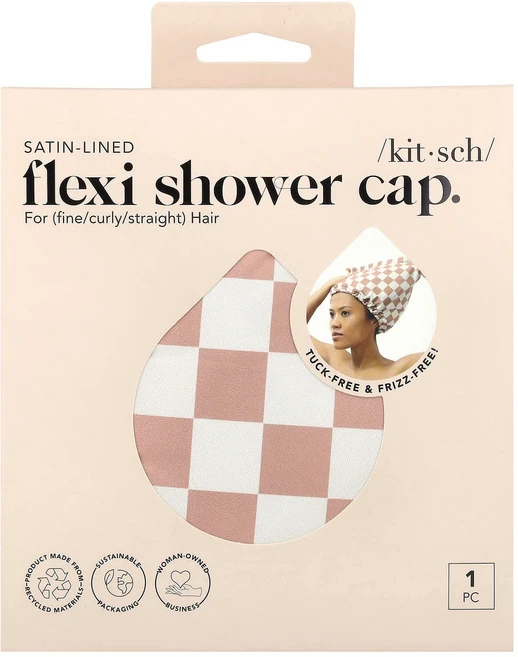 키치 스타일의 새틴 안감 플렉시 샤워캡 테라코타 체크 무늬 1개입 KTC-56141 - 쿠팡