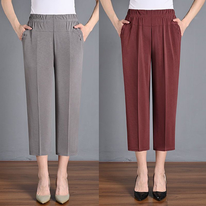 메인워크 1+1 중년 여성 빅사이즈 7부 바지 여름 엄마룩 하이웨스트 일자핏 패션 루즈핏 솔리드 데일리 솔리드 쿨링 팬츠 2매입