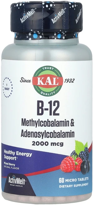 KAL B-12 메틸코발라민 & 아데노실코발라민 혼합 베리 2 000mcg 마이크로정 60정 KAL (칼), 1개 - 쿠팡