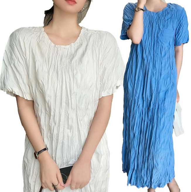 와이오모드 여름 플리츠원피스 반팔 쭈글이 막 주름 롱 원피스