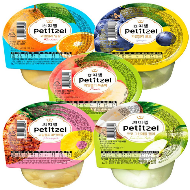 쁘띠첼 과일젤리 210g 밀감+포도+복숭아+파인애플+코코그린애플, 1세트