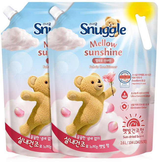 스너글 멜로우 선샤인 섬유유연제 햇빛건조향 리필, 2.6L, 2개