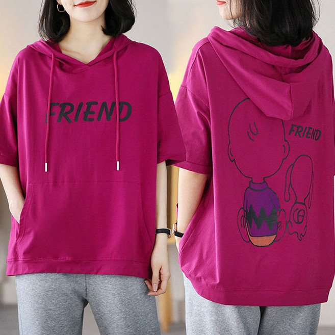 반팔 후드티 빅사이즈 여성 티셔츠 후드티 순면 루즈핏 상의 여름티 캐릭터 여성 반팔 티셔츠 맨투맨 티 상의 WAWAMIYA