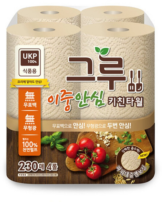 그루 무표백 키친타월 230매 4롤 /식품용/AT, 4개