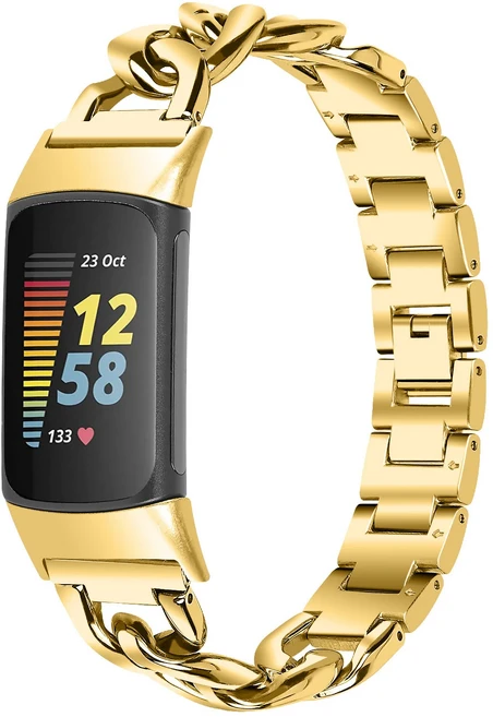 Fitbit Charge5/6용 체인 스테인레스 스틸 스트랩 세련된 데님 금속 퀵 릴리스, 04 실버, 01 charge5 6