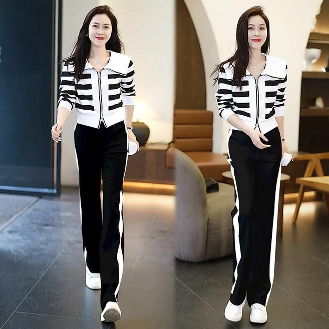 COSYEVNO 여성 트레이닝 세트 스트라이프 숏 집업 맨투맨+바지 트렌드 캐주얼 운동복 투피스