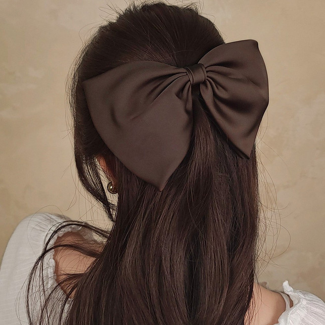 초콜리트쥬얼리 해쉬 9컬러 새틴 1단 20cm 왕리본 심플 포인트 반머리 자동 헤어핀