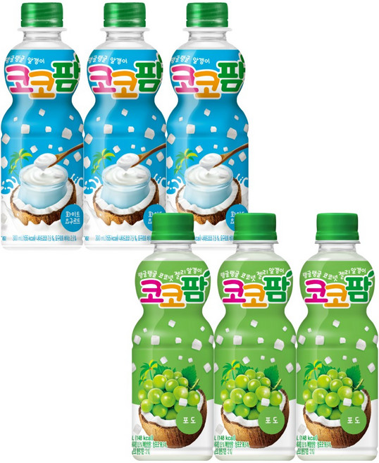 해태 코코팜 페트 음료 화이트요구르트+포도 각 3개씩, 6개, 300ml