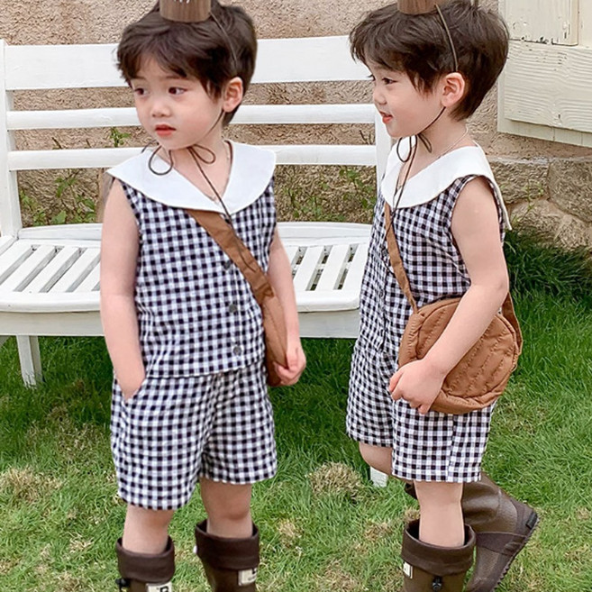 슈슈아리 OK 체크 반바지 세트 아동 남아 고방체크 민소매 세일러카라