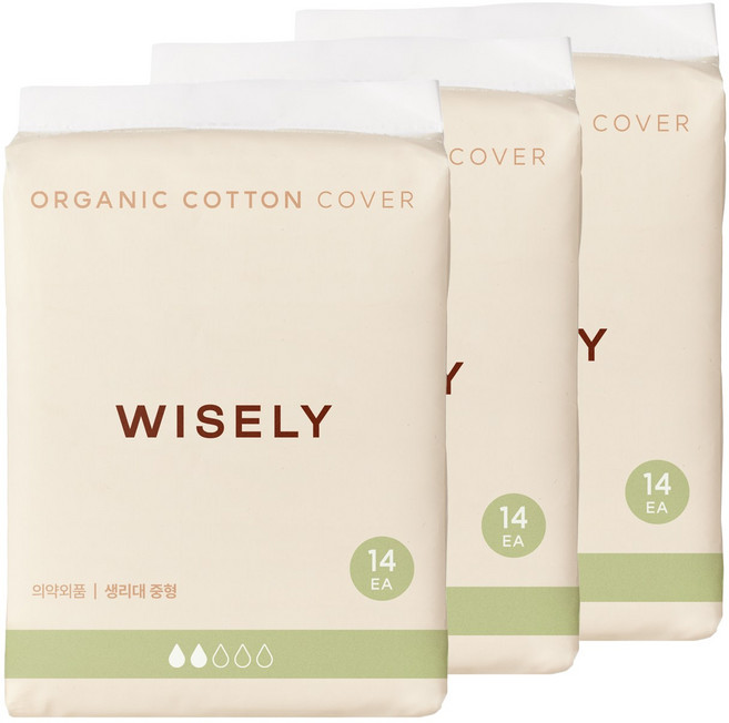 와이즐리 날개까지 OCS 인증 유기농 순면커버 생리대, 3개, 14개입, 중형