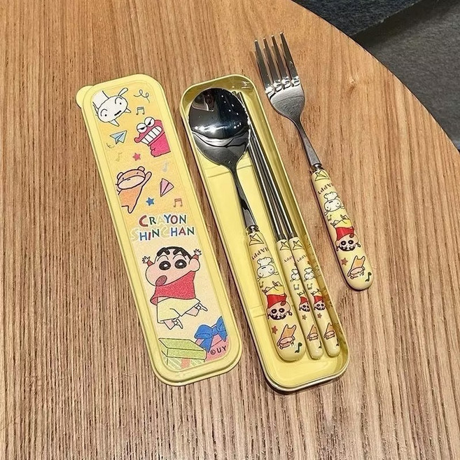 밀크카 짱구 튼튼한 휴대용수저세트 스텐 파스텔톤 숟가락 젖가락 포크 세트 케이스 20cm, 1세트, 슈트, 짱구는 못 말려요