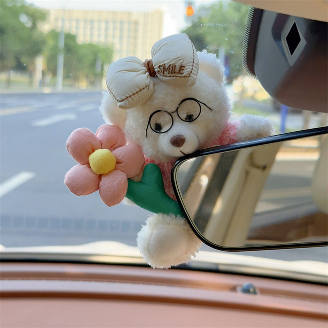 귀여운 곰돌이 자동차 룸미러 커버 악세사리, 1개, 화이트 안경 곰
