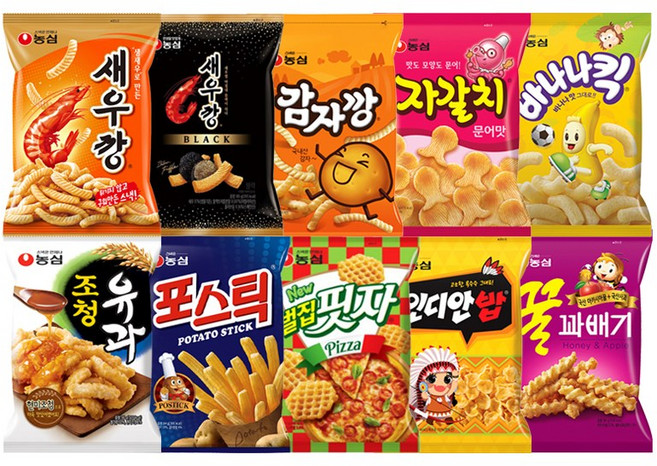 농심과자10종_새우깡+블랙새우깡+감자깡+자갈치+바나나킥+조청유과+포스틱+벌집핏자+인디안밥+꿀꽈배기, 1세트, 새우+블랙+감자+자갈+바나+조청+포스+벌집+인디+꿀