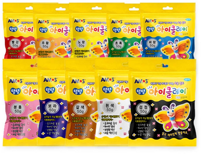 아모스 탱탱 아이클레이 키즈 50g 10색 세트, 10색(검정노랑파랑빨강흰색보라갈색초록주황핑크, 1개