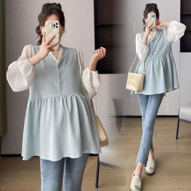 임산부 투피스 세트 캐주얼 봄 가을 임부복 루즈핏 브이넥 블라우스 + 데님 팬츠 상하의 세트 기질 임부 상하 투피스 세트 CY