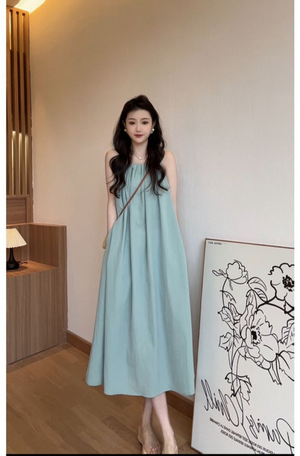 百褶無袖連衣裙女 吊帶裙 夏季薄款寬松 中長裙子 韓版純色洋裝, 藍色,M 47-56公斤