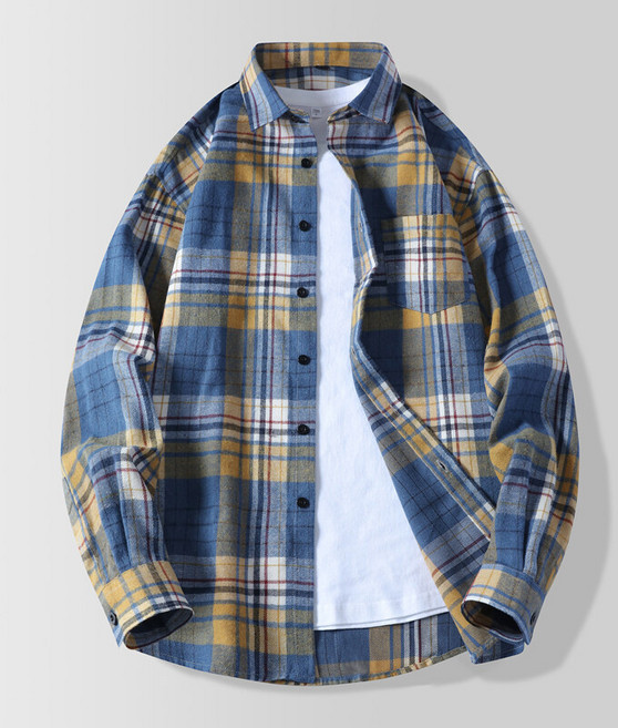 跨境時尚青年男裝2025春裝新款男撞色格子長袖襯衫男時尚休閒