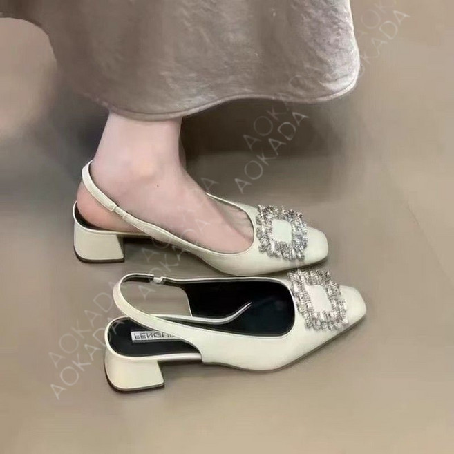AOKADA여성 여름 스퀘어토 큐빅 버클 슬링백 펌프스 미들힐 샌들4CM