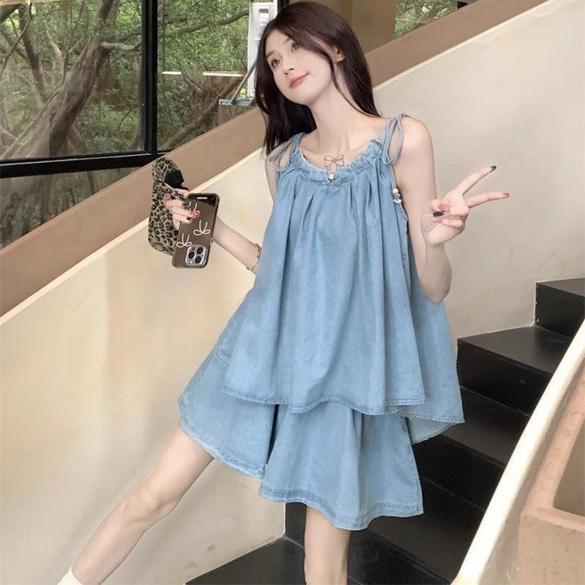 COSYEVNO 여성 데님 나시+와이드 반바지 루즈핏 패션 여름 세트