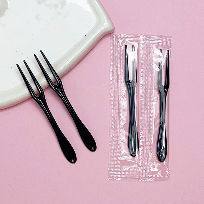 일회용 플라스틱 포크 개별포장 과일포크 미니 디저트 포크, 100개, 플라스틱 포크 블랙