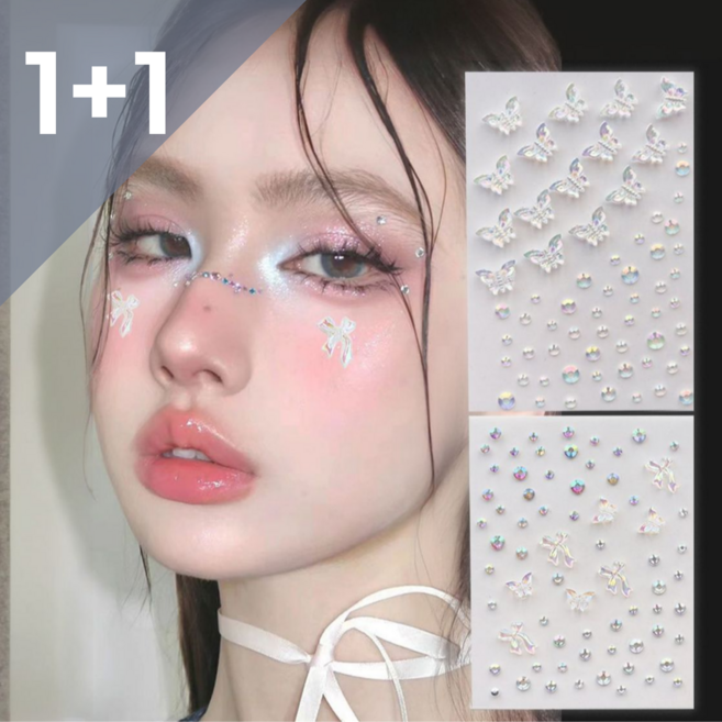 밈미마 오로라 페이스 스티커 파츠 얼굴에 붙이는 큐빅 나비 리본, 1개, 오로라 나비+오로라 리본