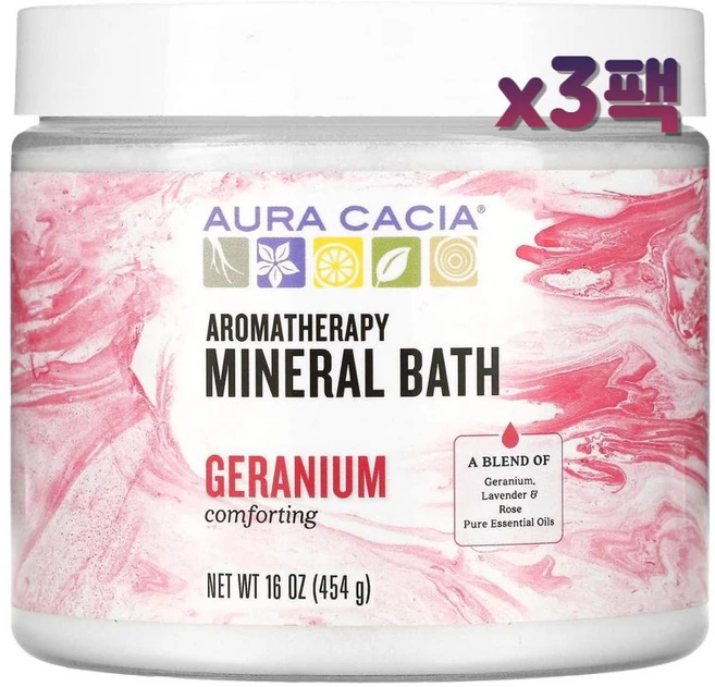 Aura Cacia 아로마테라피 미네랄 배스 입욕제 콤포팅 제라늄 454g x3팩 - 쿠팡