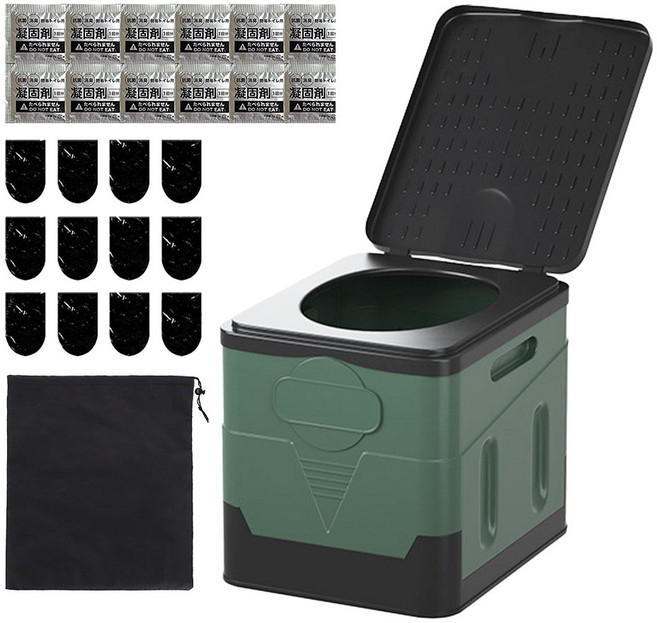 플로우 차량 캠핑 휴대 이동 접이식 변기 + 응고제 +봉투 + 파우치 세트, 1세트, 그린