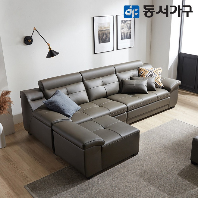 동서가구 마샤 구스다운 고급 천연가죽 4인 소파+팔걸이스툴 DF640527, 초코브라운