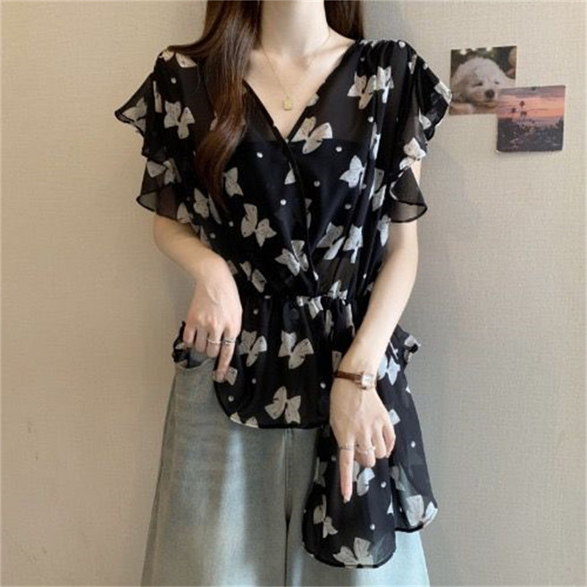 VEZRI 여성 여름 빅사이즈 쉬폰 블라우스 플러터 소매 V넥 허리조임 F88