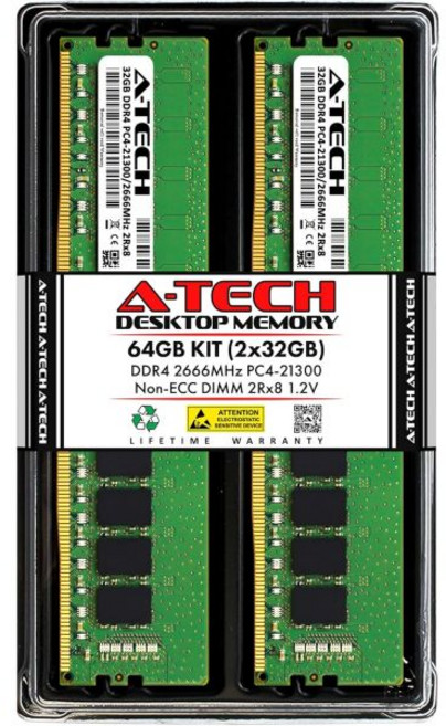 A-Tech 4GB DDR4 2666 MHz UDIMM PC4-21300 (PC4-2666V) CL19 DIMM Non-ECC 데스크탑 RAM 메모리 모듈, 64GB Kit (2 x 32GB), 1개