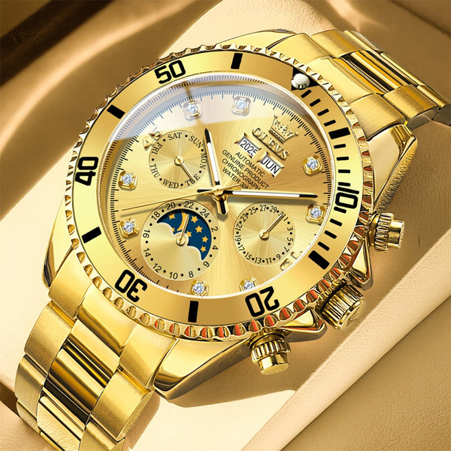 OLEVS 남성 시계 럭셔리 정품 기계식 오토매틱 명품 다기능 큐빅 워터프루프 야광