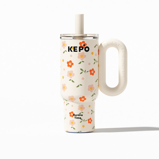 KEPO花草圖案保溫杯 附手柄吸管 簡約設計 方便攜帶 保溫保冷, 浮春, 1個, 900ml