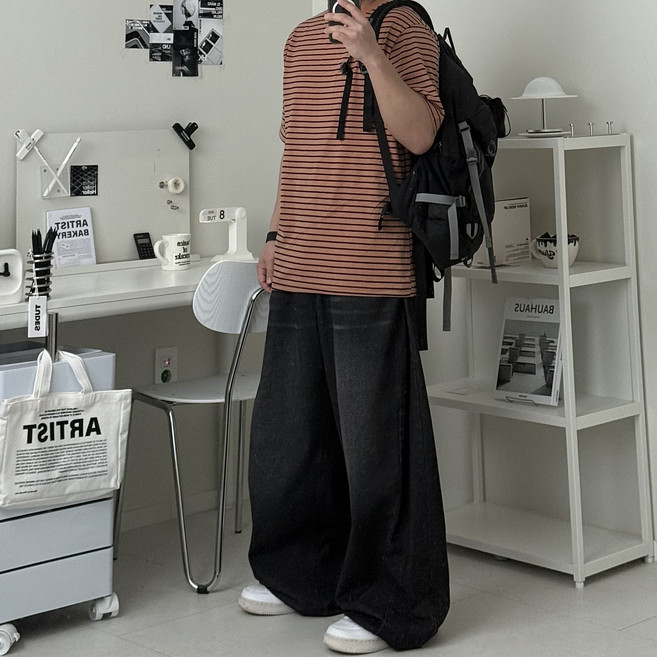 르위 오버핏 단가라 라운드 반팔티셔츠 빅사이즈 남여공용