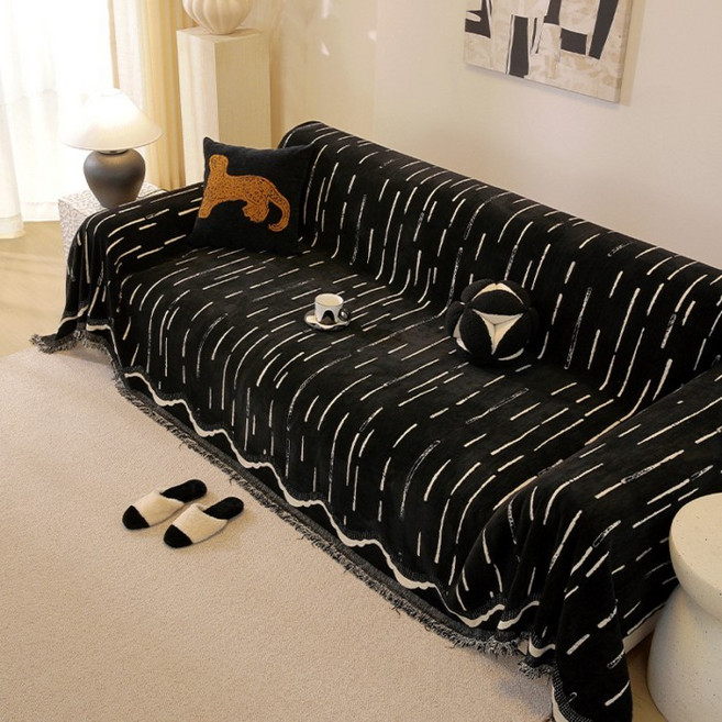 四季通用雪尼爾沙發巾，簡約高級感加厚防貓抓沙發套罩, 雨滴-黑,180厘米*300厘米, 1個