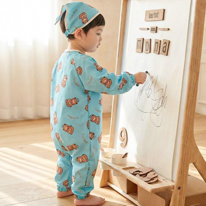 아이레빗 국내생산 아기 유아 미술가운 방수 전신 문센 촉감놀이 모래놀이, 곰돌이 민트